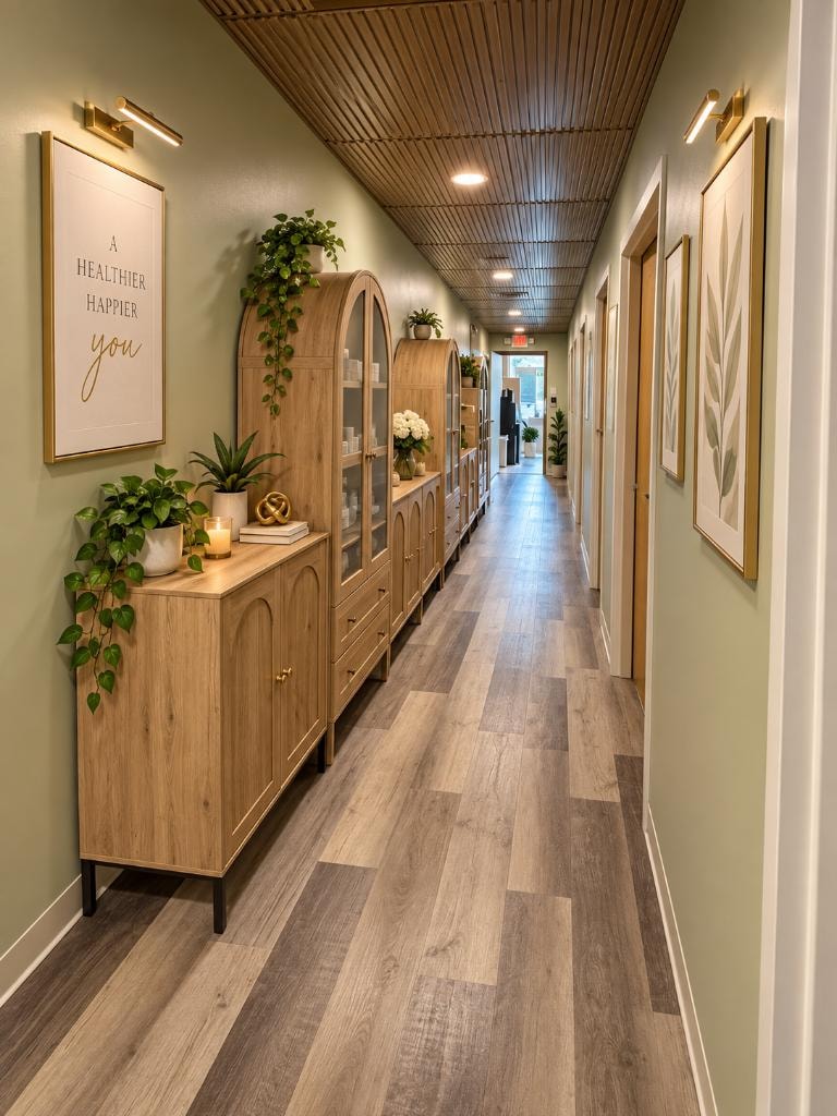 New You hallway with warm wood cabinetry and plants
